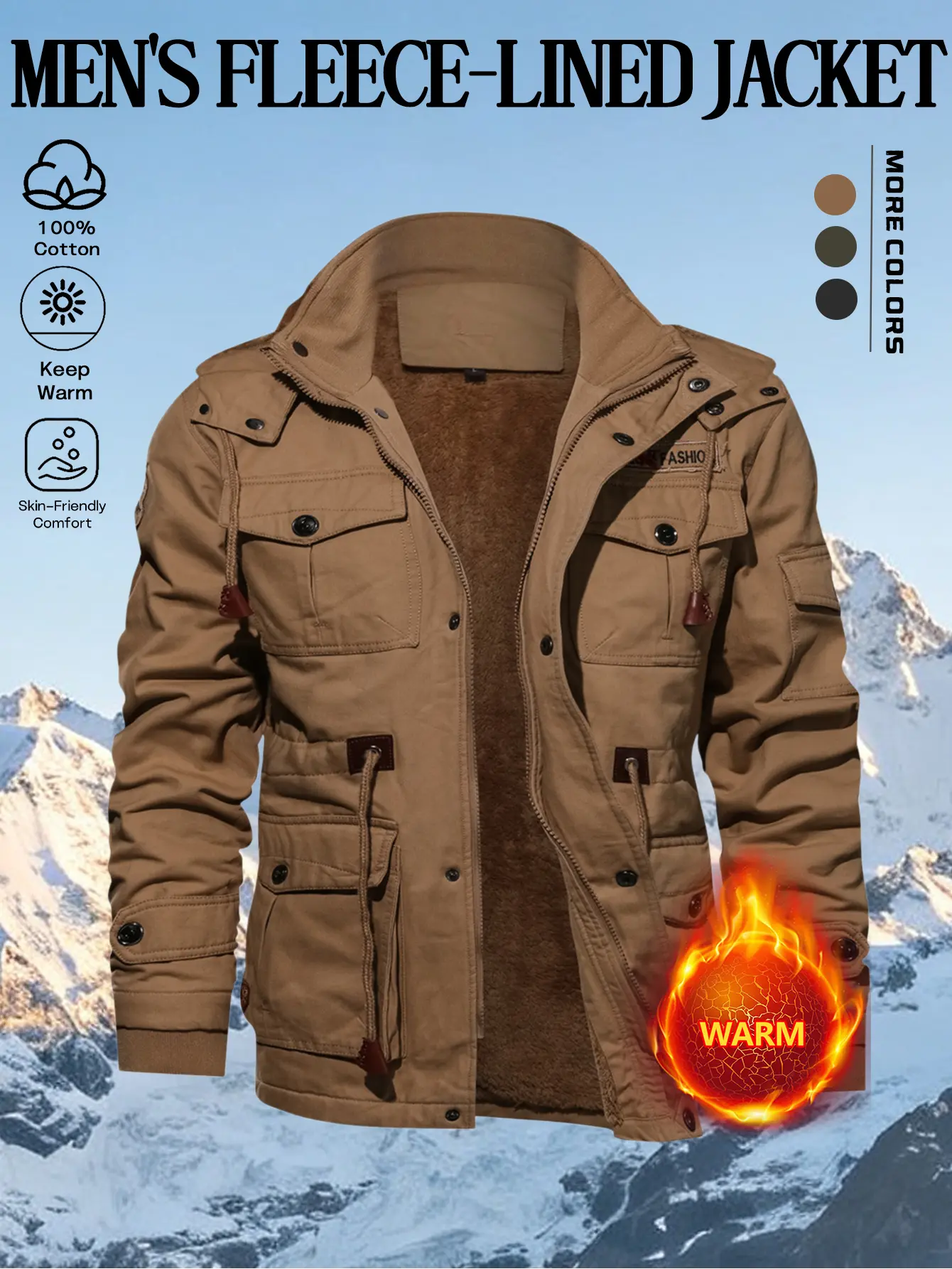Men’s detachable-hood fleece workwear jacket, pure cotton, multi-pocket winter warm casual outerwear Men’s detachable-hood fleece workwear jacket, pure cotton, multi-pocket winter warm casual outerwear