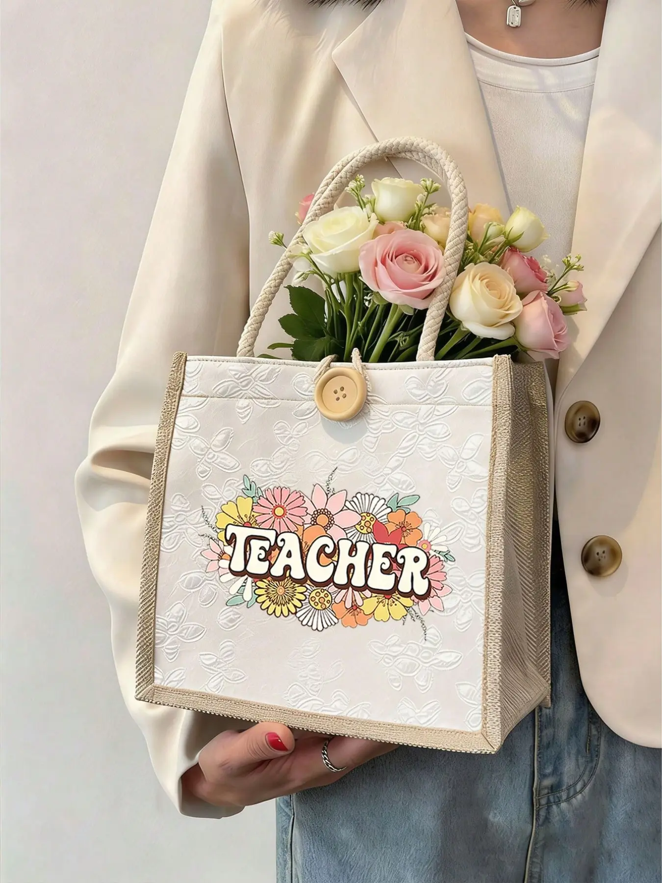 Best Teacher Letter Floral Print Linen Satchel, Teacher Appreciation Gift, Reusable Print Bag, Casual Commute Bag, All Seasons, Fashionable Purse, Casual Everyday Bag