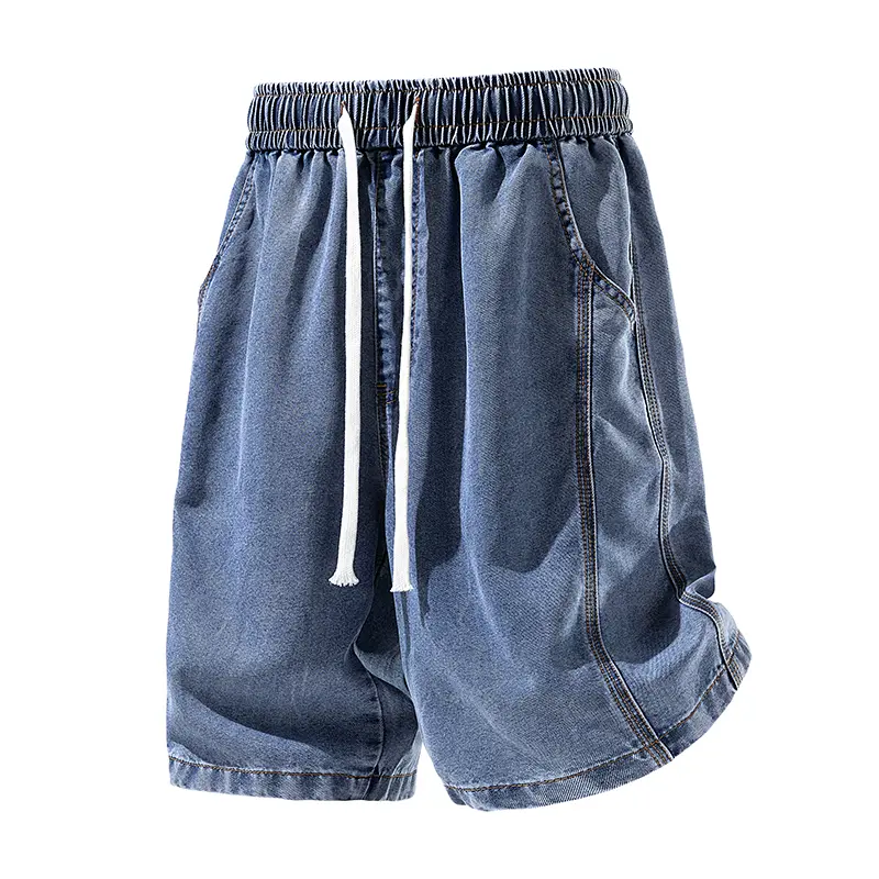 Men's Summer Denim Jorts - Mid-Waist, Elastic Waist with Adjustable Drawstring, Baggy Loose-Fitted, Polyester, Machine Washable, High-Street Casual Bottoms, Chic, Tencel, 2Xl