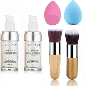 2pcs TLM Color Changing Foundation Liquid with 2 Brushes and 2 Cosmetics Sponge Flawless Full Coverage Natural Color Face Primer Base Makeup 30ml Concealer Compact