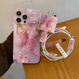 Butterfly Pattern Phone Case with Charger Head Cover & Cable Protector & Storage Rope, Anti-drop Cellphone Protective Case, Total Protective Phone Cases for iPhone, Casing Smartphone Accessories