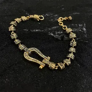 Vintage grass pattern copper bracelet, arabesque pattern horseshoe ring design women's bracelet, antique gold arabesque pattern copper bracelet