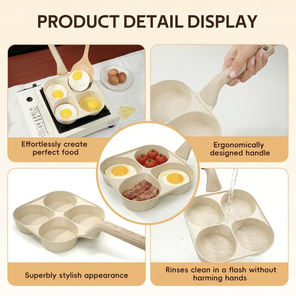 Non-Stick Egg Frying Pan with 4-Hole Skillet Design, Multifunctional Omelet Pan with Wooden Handle, Medical Stone Nonstick Cookware for Eggs, Pancakes & Breakfast, Easy to Clean, Durable Kitchen Frying Pan