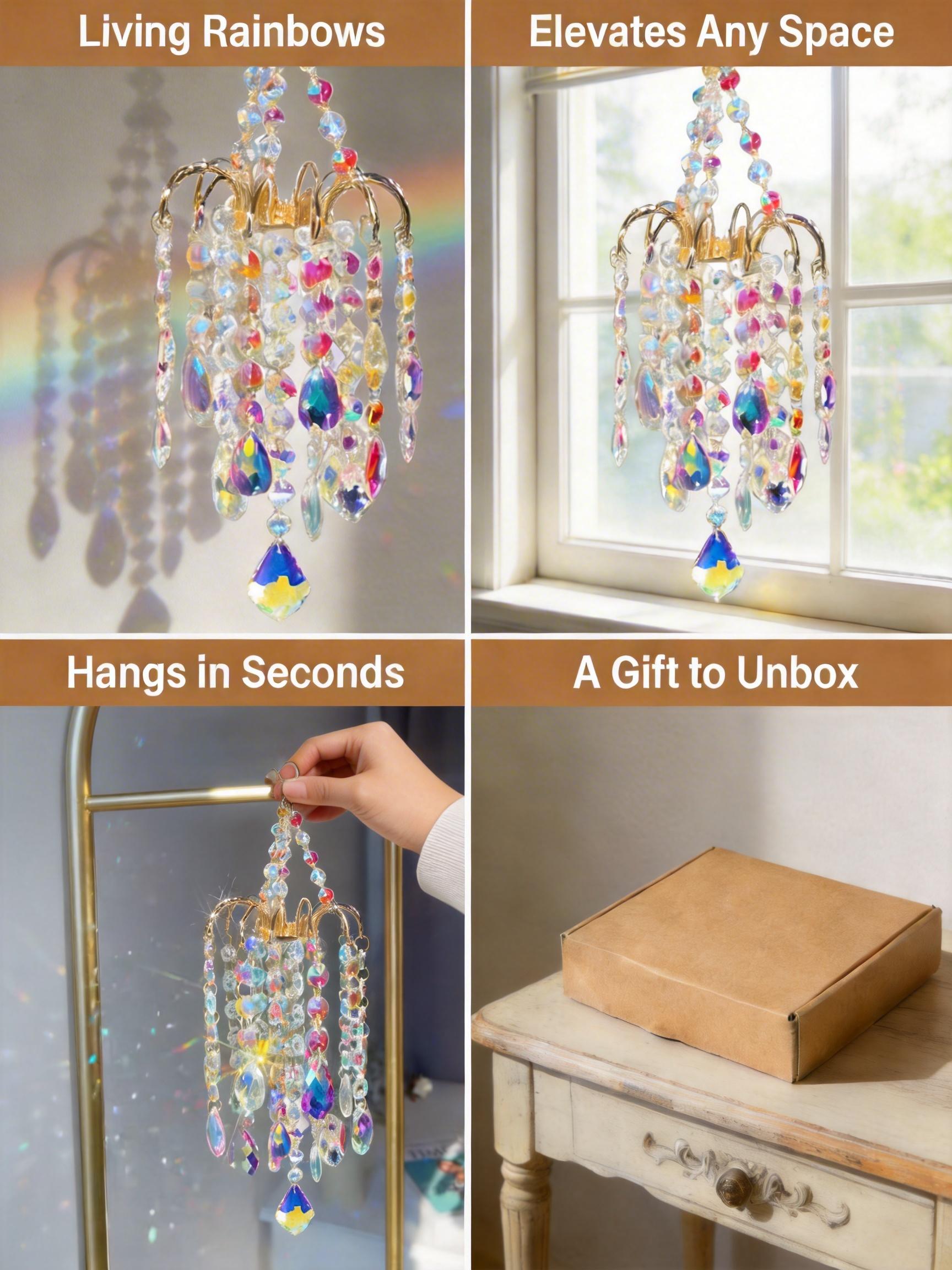 16 Inch/42cm Gold Crystal Sun Catcher | Rainbow Maker Window Decor.Creates dancing rainbows on walls. Gold metal frame with artificial crystals. great gardening , french doors , rain box chime unique large memorial wind chime