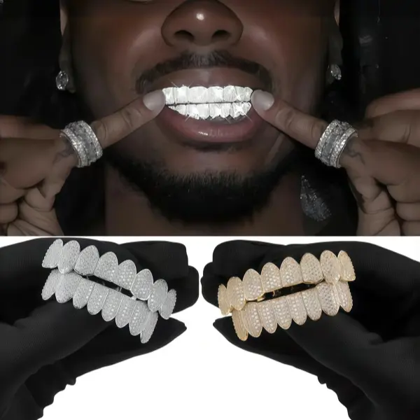 2pcs Thatboy full synthetic Cubic Zirconiaia Teeth Grills - Top &Bottom Dental Grill for Men&Women Iced Out Gold Grillz, Full Diamond Paved Hip Hop Teeth Grills, Top & Bottom Bling Grill Set fo Rapper Jewelry Gift