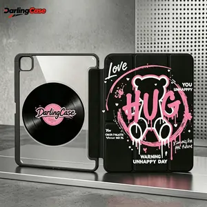 [#SummerVibes]DarlingCase Graffiti Bear iPad Case, Clear Back with Vinyl Record Print, Trifold Stand & Shockproof Protective Cover for iPad Air 4/5, Pro 11, 10th/9th/8th Gen - Black with Pink HUG Bear Art