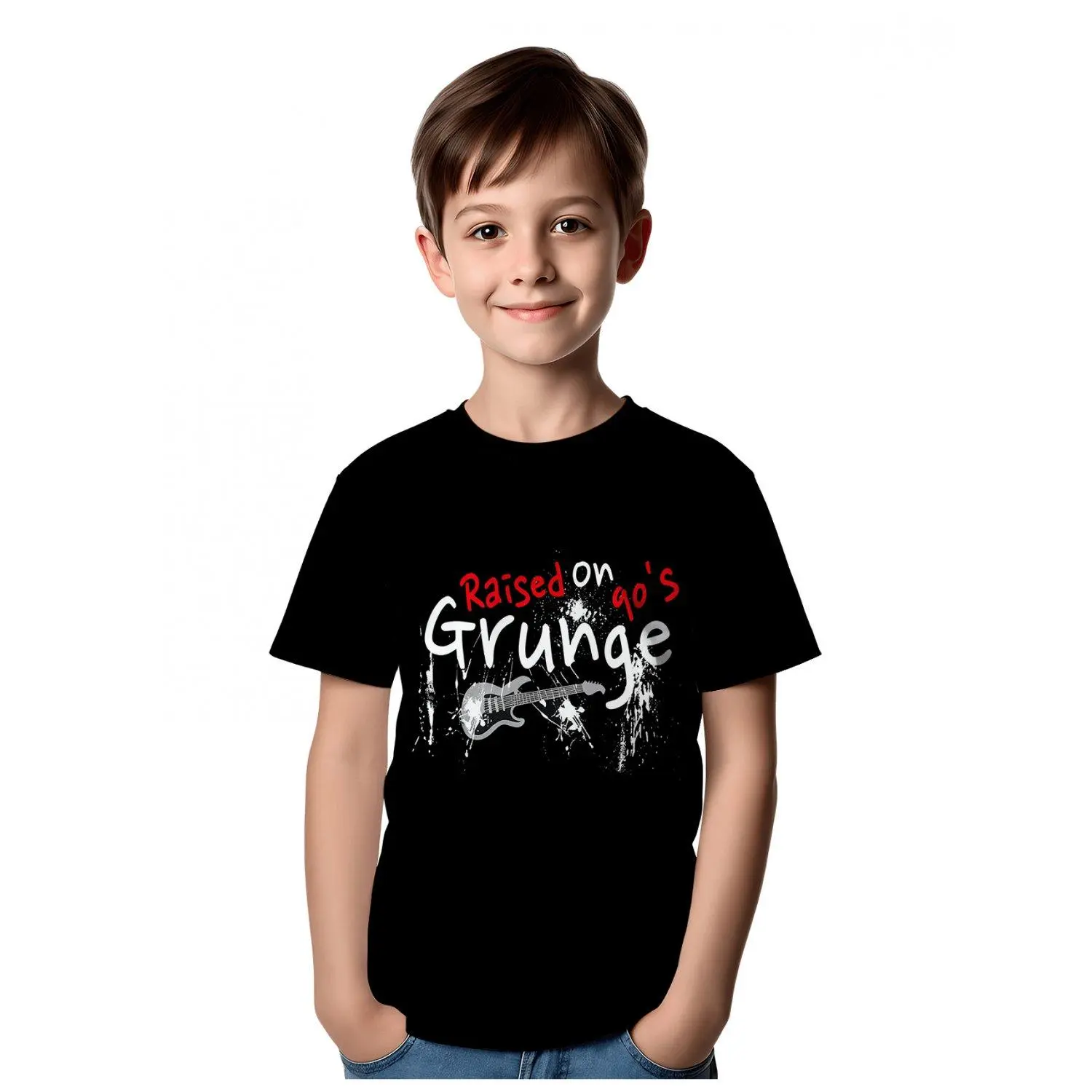 Kids' 90s Grunge Rock T-Shirt - Raised on '90s Retro Music Logo Print with & Icons - Breathable Short Sleeve Tee for Boys & Girls, Casual School, Outdoor & 90s Theme Parties (Machine Washable)