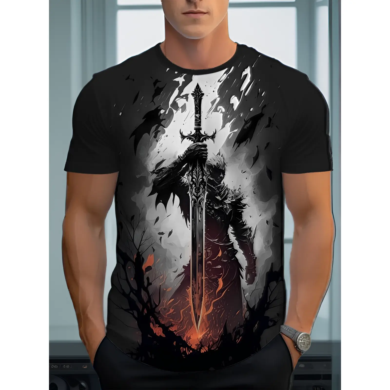 Men'S Black Knight Templar Graphic T-Shirt Printed Medieval Battle Design with Sword And Shield, Casual Round Neck Short Sleeve Tee for Casual Attire, Medieval T-Shirt, Streetwear Fashion, Street Style, Streetwear Lovers