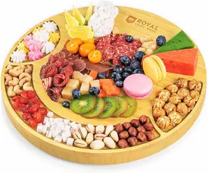 Royal Craft Wood Premium Cheese Platter Board - Large Round Wooden Bamboo Cheese Charcuterie Board Set, Serving Tray with Cutlery Set, Cheese Board