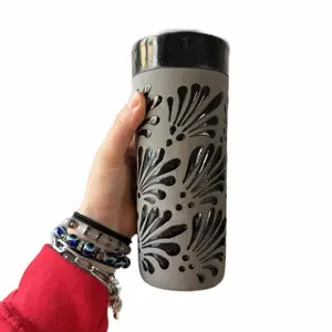 Gray & Black Cielito Lindo Ceramic Jarrito Cup - Reusable Clay Design, Ideal for Coffee Drinking - Reuse, Drinkware, Washable Traditional Ceramic, Handmade & Decorated, Lead Free, Keeps Hot/Warm, 14oz Capacity - Tumbler Mexican mug ceramic mug