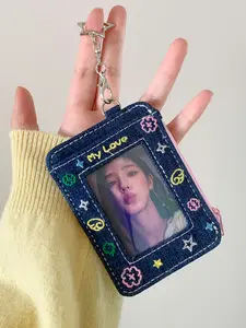 Girl Denim Heart Cutout Card Holder, K-Pop Style Student Idol 3 Inch Keychain Small Card Case, Bus Pass Wallet, Photo Card Holder