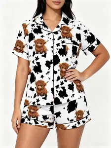 Adorable Highland Cow Print Pajama Set, Short Sleeve Top + Shorts, Soft Breathable Teen Homewear, Trendy Cow Pattern, Comfortable Casual Sleepwear