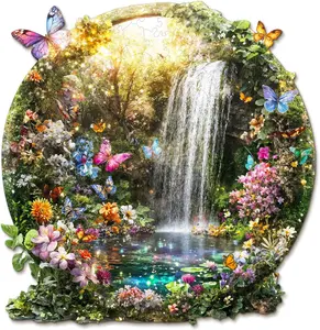 Wooden Puzzles for Adults, Butterflies and Waterfalls Jigsaw Puzzles, 104 Piece Unique Shaped Puzzle, 3D Visual Landscape Shape Puzzle, Gifts for Adults,Wall Decor(8.5 * 8.2 in)