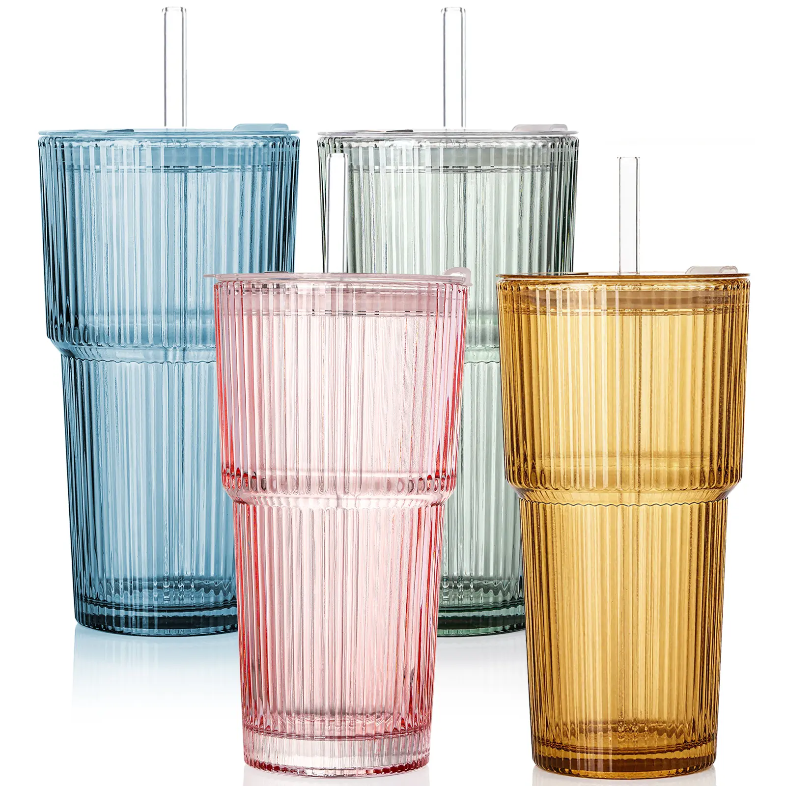 4PCS Colored Ribbed Glass Cups with Lids and Straws, 20oz Vintage Drinking Glasses, Aesthetic Iced Coffee Cups, Glass Tumbler for Boba, Beer, Tea, Cocktails, Ribbed Glassware Set,Colored