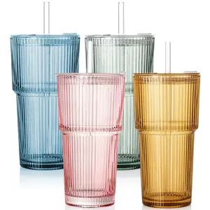 4PCS Colored Ribbed Glass Cups with Lids and Straws, 20oz Vintage Drinking Glasses, Aesthetic Iced Coffee Cups, Glass Tumbler for Boba, Beer, Tea, Cocktails, Ribbed Glassware Set,Colored