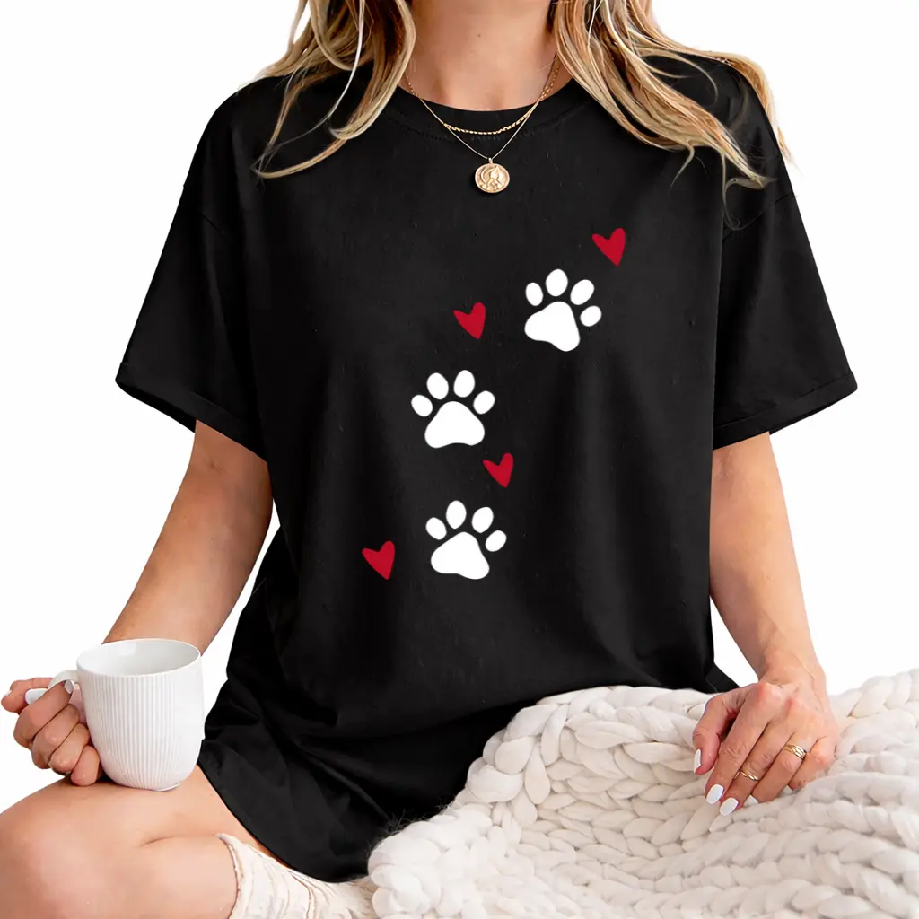 Women's Cotton Round Neck Short-Sleeve T-Shirt - Simple Printed Paw and Hearts Graphic, Casual Comfy Daily Summer Wear