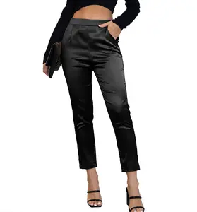 Women's Satin Silky Pants Party Wedding Guest Nightout Outfit Dressy Casual Pleated Cropped Pull on Elastic High Waist Stretch Elegant Shiny Metallic Sequin Work Business Club Dinner Pants Trousers Bling Glam Evening Prom Pants