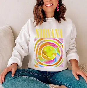Nirvana Smiley Face Crewneck Sweatshirt, Heliconia Color Nirvana Aesthetic Sweatshirt, Nirvana Sweater