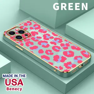 Case for iPhone 17 15 Pro Max 16 14 Air Plus 13 12 11 X XS Max XR Stylish Pink Leopard Luxury Golden Edge Elecroplated TPU Camera Lens Protection Mobile Phone Cover Gift for Girl Boy