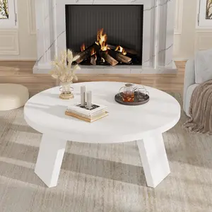 Round Coffee Table, Modern Center Table with Inclined Legs, Accent Cocktail Tables for Living Room, Bedroom, Easy Assembly, White