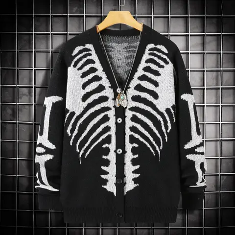 Unisex Skeleton Print Button-Front Knitwear Top - Long Sleeve V-Neck, Loose Drop-Shoulder Regular Fit, Soft Menswear Pullover, Spooky Men's Cardigan, Multi-Size, Casual Halloween Fall Wear,sohochic