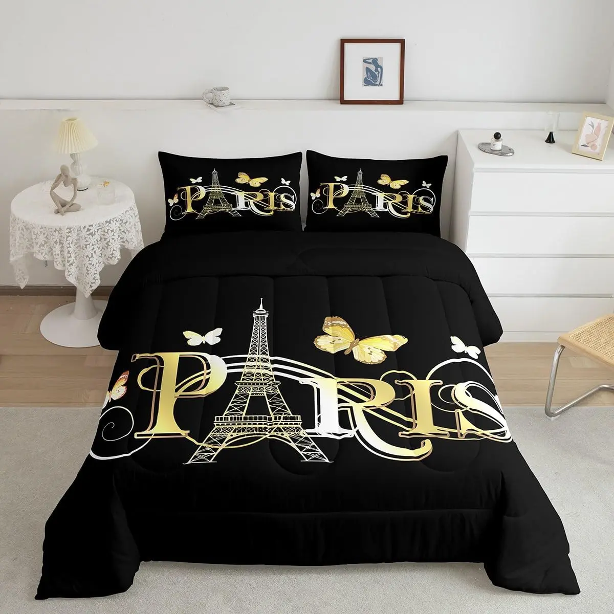 Eiffel Tower Comforter Chic Paris Theme Bedding Set Butterfly Paris Cityscape Printed Comforter Set Modern French Style Duvet Set Golden Black Bedroom Decor Quilt Set