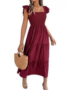 Women's Plain Ruffle Hem Shirred Tiered Layer A Line Flowy Dress, Casual Butterfly Sleeve Sleeveless Square Neck Long Dress for Summer, Ladies Clothes for Beach Holiday Vacation Womenswear