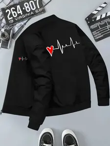Heartbeat Line Print Casual Long Sleeve Fitted Outerwear Jacket, Geometric Pattern, All Seasons Commuter Top