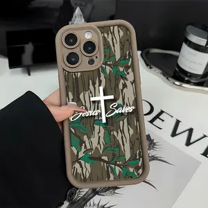 Woodland Bark Camo Cross Jesus Saves Phone Case TPU Shockproof Hunting Style Cover for iPhone 17 Air 17 Pro 16 Pro 15 Pro Max 14 Plus 13 Pro 12 11 Pro XS Max X XR