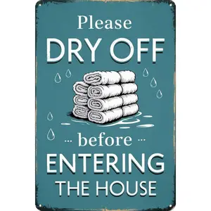 Swimming Pool Vintage Metal Tin Signs Please Dry Off Before Entering House Retro Wall Decorative Plaque For Beach Home Bar Pool Deck Backyard Fence Decor 12X8 Inch