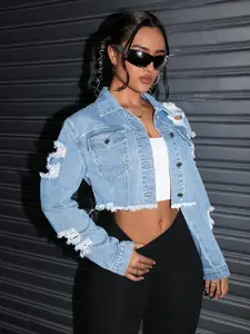 Women's Fashion Washed Denim Jacket, Short Fitted Jeans Coat with Ripped Details, Button, Trendy Collared Outerwear for Casual Wear Womenswear