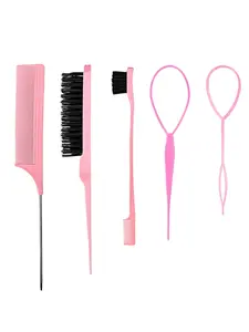 5pcs Hair Styling Tools Set, Solid Color Braiding Comb, Split Ends Brush, Tail Comb, Eyebrow Brush, Hair Puller, Suitable for All Hair Types, Unisex