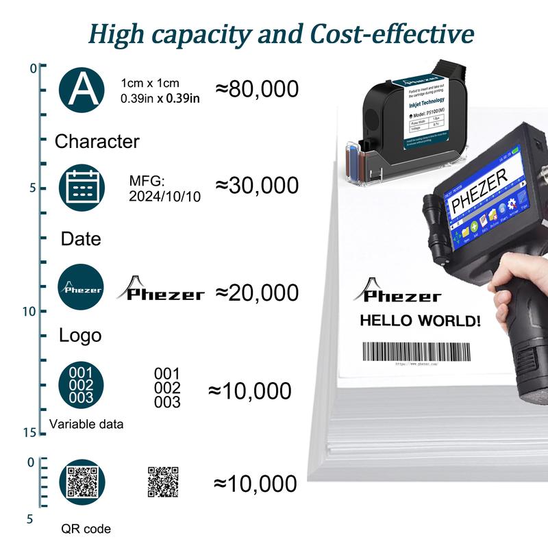Phezer P15 Smart Touchscreen Handheld Inkjet Coder | High Adhesion PS100 Black Ink (0.5 Inch/12.7mm) | 600DPI Portable Printer for Metal, Glass, Plastic. Prints Date, Batch Code, QR, and Barcode Cloth Printing