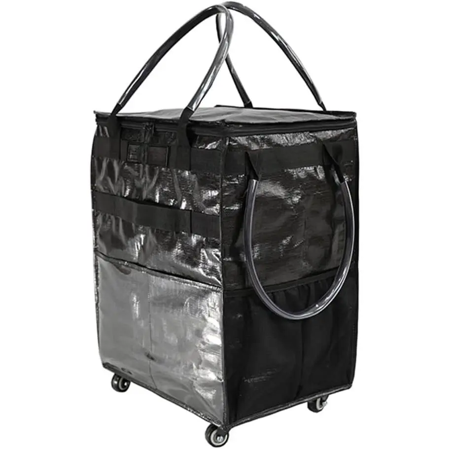 Grocery Bag On Wheels Large Capacity Shopping Trolley Foldable Rolling Tote with Outside Pocket, Heavy Duty Handle (Black, Large)