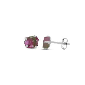 Watermelon Tourmaline Raw Natural Earrings in Prong Stud Setting - Sterling Silver -