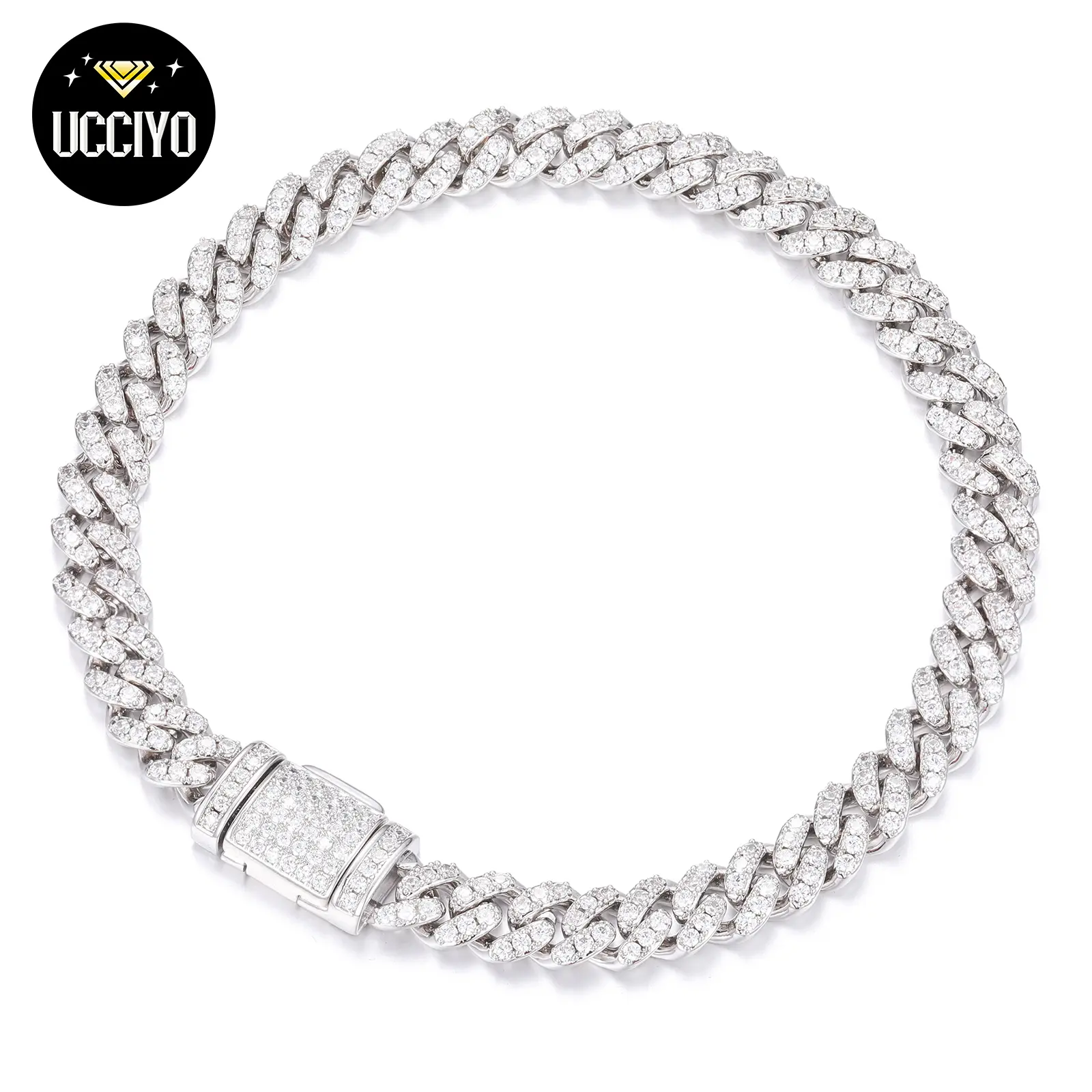 【#B26】UCCIYO 8mm Hip Hop Rock Solid 925 Sterling Silver Created Synthetic Moissanite Cuban Bracelets For Men Women Fine Jewelry【#B26】