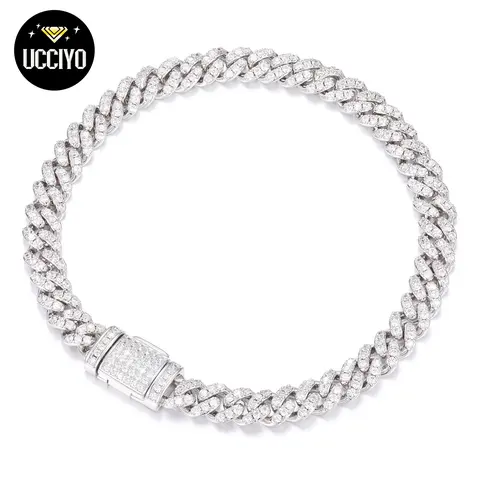 【#B26】UCCIYO 8mm Hip Hop Rock Solid 925 Sterling Silver Created Synthetic Moissanite Cuban Bracelets For Men Women Fine Jewelry【#B26】