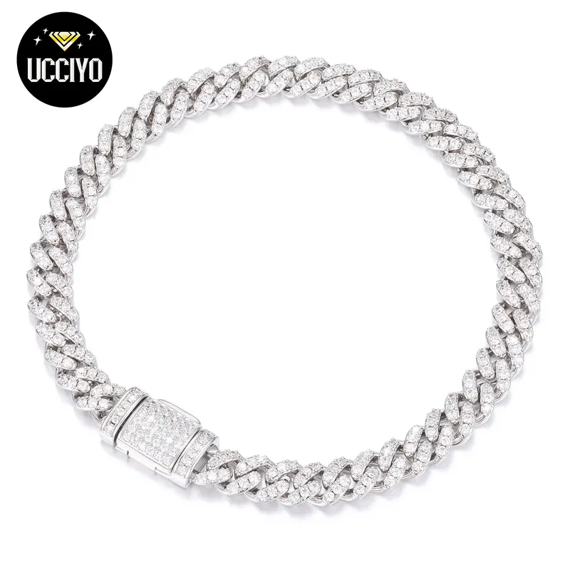 【#B26】UCCIYO 8mm Hip Hop Rock Solid 925 Sterling Silver Created Synthetic Moissanite Cuban Bracelets For Men Women Fine Jewelry【#B26】