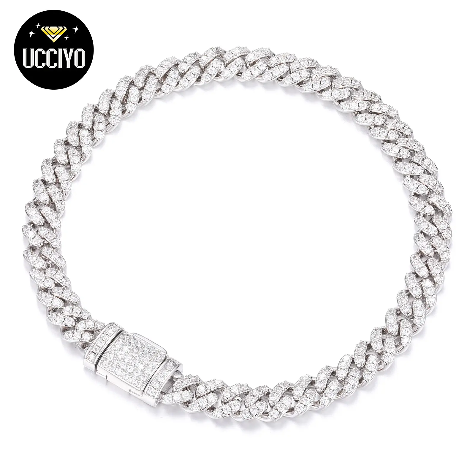 【#B26】UCCIYO 8mm Hip Hop Rock Solid 925 Sterling Silver Created Synthetic Moissanite Cuban Bracelets For Men Women Fine Jewelry