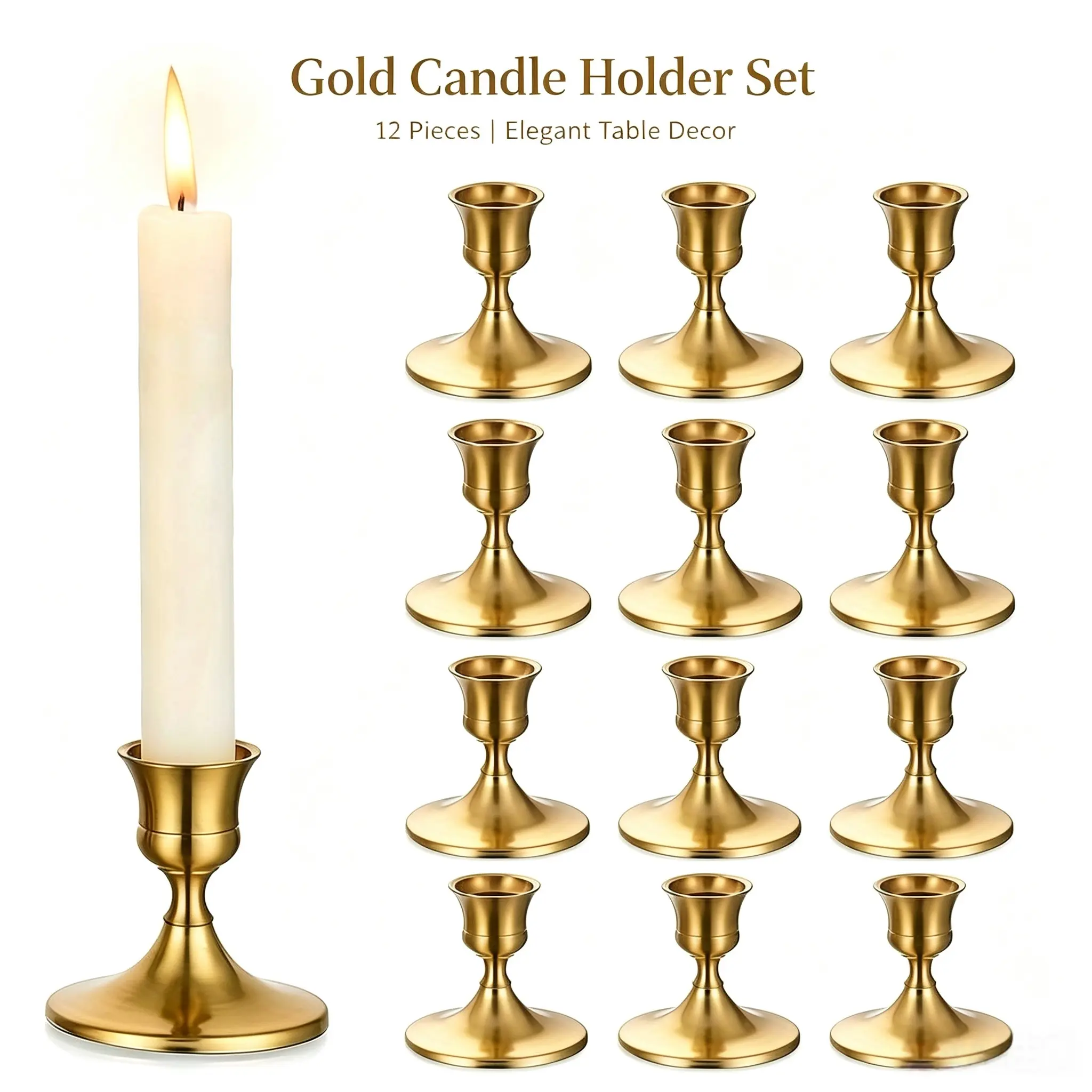 Decorative Copper Color Iron Taper Candle Holders,12-Pack Elegant Metal Stands for Graduation Party, Home & Kitchen Decor Use