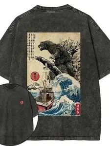 [BT] Godzilla The Great Wave Off Kanagawa Ukiyo-e Vintage Washed Double Sided Oversized Japanese Monster Streetwear T-Shirt, Godzilla Japanese Anime Men's and Women's T-shirts Pure Cotton Washed Old Retro Y2k Harajuku Oversize Casual Short Sleeves