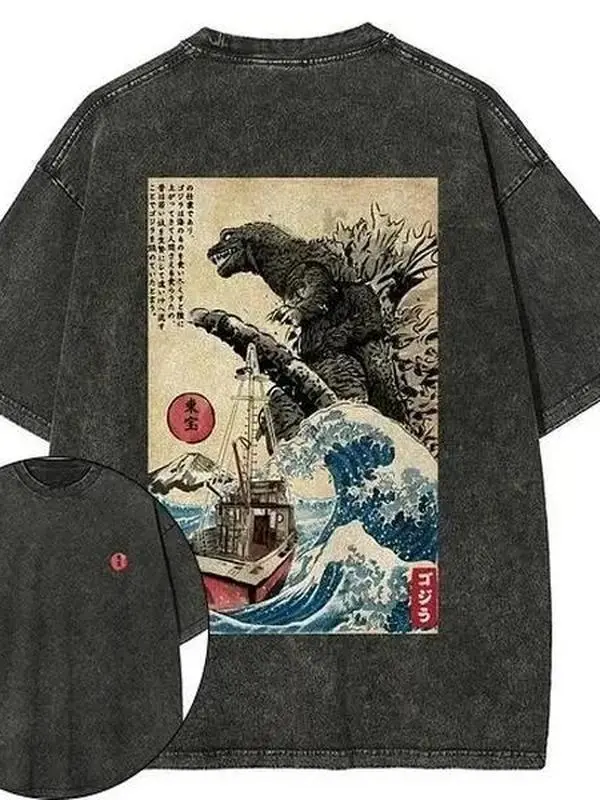 [BT] Godzilla The Great Wave Off Kanagawa Ukiyo-e Vintage Washed Double Sided Oversized Japanese Monster Streetwear T-Shirt, Godzilla Japanese Anime Men's and Women's T-shirts Pure Cotton Washed Old Retro Y2k Harajuku Oversize Casual Short Sleeves