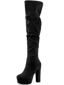 BLISSFUL STEP Platform Round Toe Zipper Slouch Chunky Heel Over the Knee Boots