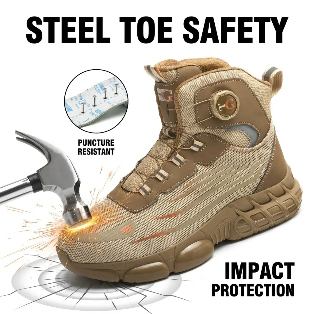 【Back To School】Men's Mid-Cut Steel Toe Work & Safety Shoes - Lightweight, Puncture-Resistant, Breathable Mesh Polyester Boots with Reinforced Toe Cap, Swivel Button, Cushioned Geometric Design - Warehouse Use, All Seasons, Father's Day Gift Option,