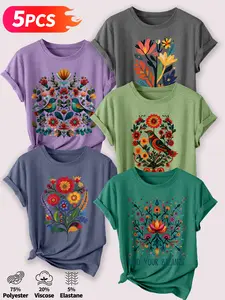 Women's 5Pcs Crew Neck T-Shirts, Mexican Folk Art Floral & Bird Series Print, Multiple Colors Available, Machine Washable, Spring & Summer Tops, Soft Skin-Friendly Fabric, Daily Versatile, Fashion Design