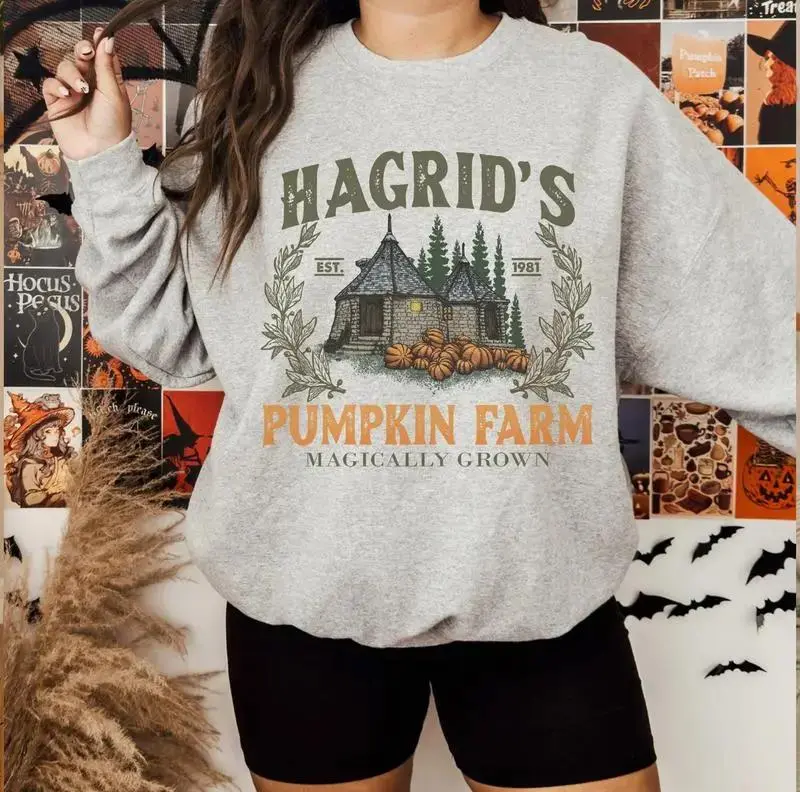 Comfort Colors Hagrid's Pumpkin Patch Shirt - Retro Wizard Pumpkin Patch Halloween Sweatshirt Spooky Season Unisex Casual Fall Top Full Color Classic Fashion Pullover