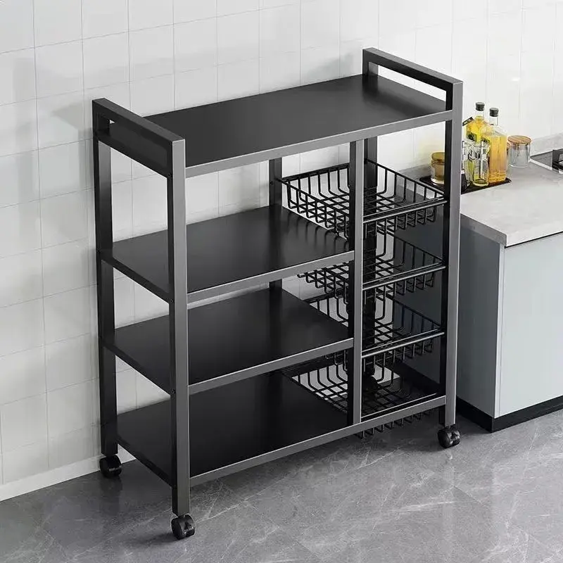 1Pcs Carbon Steel Kitchen Mobile Storage Rack - 4-Layer with 3 Mesh Baskets, Universal Sliding Wheels, Metal Organizer for Home Kitchen Use shoe cabinet
