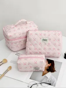 Floral Pattern Makeup Bag Set, / Cute Bow Makeup Bag, Multifunctional Makeup Storage Bag, Women's Skin Care Organizer Makeup Bag, Cosmetic Pouch