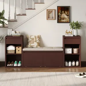 [Bellemave] All-in-One Entryway Storage Bench with Cushion, Compartments, Drawers & Open Shelves, Storage Bench for Hallway, Mudroom, Living Room