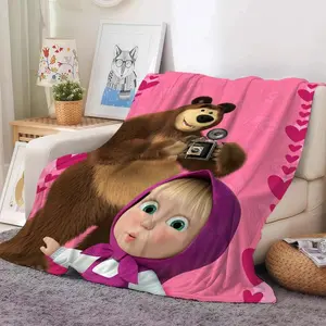 Cartoon Masha and The Bear Flannel Throw Blanket, Soft Lightweight Fluffy Warm Blanket for Bedroom, Living Room, Travel, Soft Lightweight Blanket